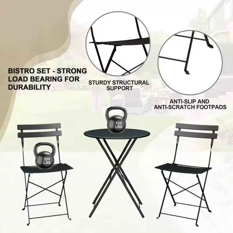 Set da Bistrò per Patio da 3 Pezzi, Set di Mobili da Esterno con Tavolo Rotondo e 2 Sedie Pieghevoli, per Portico, Balcone, Giardino