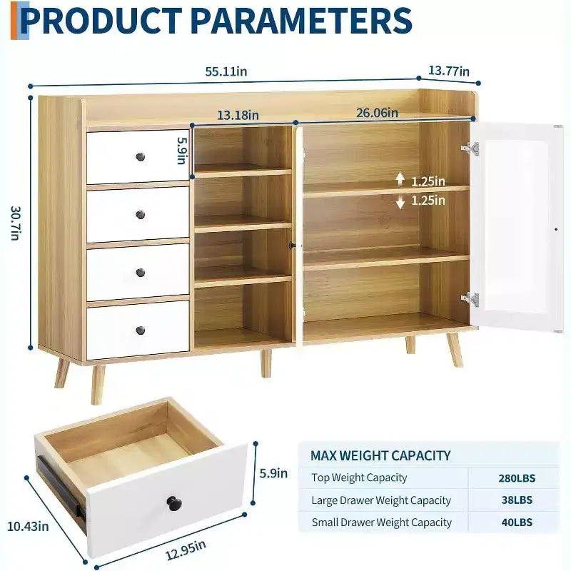 Acekool 55 Madia da Cucina, Credenza Sottolavello in Noce con Cassetto, Ante in Vetro e Ripiani Regolabili, Mobile Bar per Sala da Pranzo