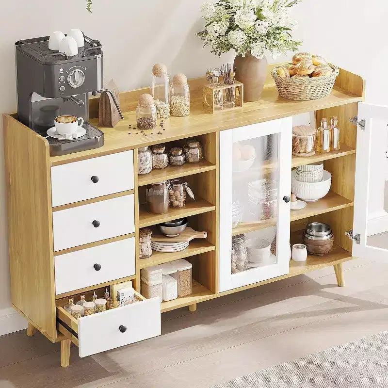 Acekool 55 Madia da Cucina, Credenza Sottolavello in Noce con Cassetto, Ante in Vetro e Ripiani Regolabili, Mobile Bar per Sala da Pranzo