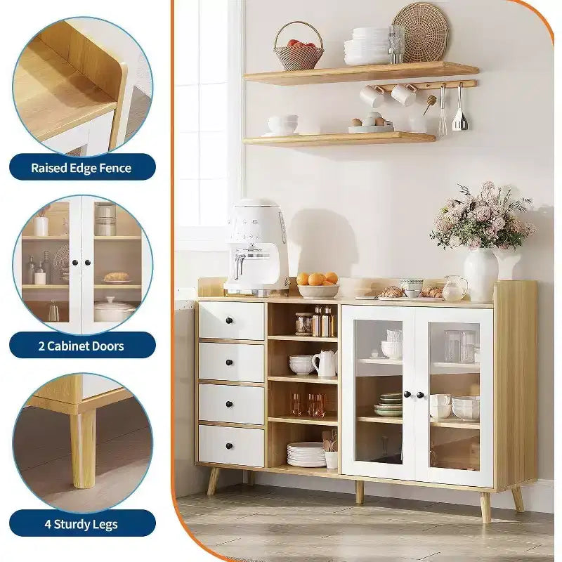 Acekool 55 Madia da Cucina, Credenza Sottolavello in Noce con Cassetto, Ante in Vetro e Ripiani Regolabili, Mobile Bar per Sala da Pranzo