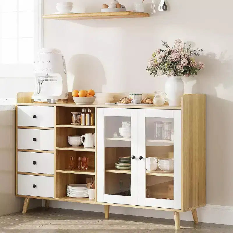 Acekool 55 Madia da Cucina, Credenza Sottolavello in Noce con Cassetto, Ante in Vetro e Ripiani Regolabili, Mobile Bar per Sala da Pranzo