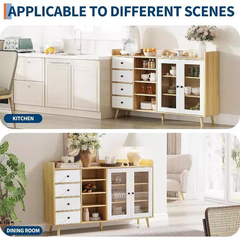 Acekool 55 Madia da Cucina, Credenza Sottolavello in Noce con Cassetto, Ante in Vetro e Ripiani Regolabili, Mobile Bar per Sala da Pranzo