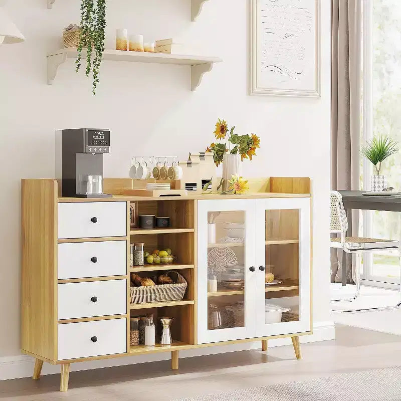 Acekool 55 Madia da Cucina, Credenza Sottolavello in Noce con Cassetto, Ante in Vetro e Ripiani Regolabili, Mobile Bar per Sala da Pranzo
