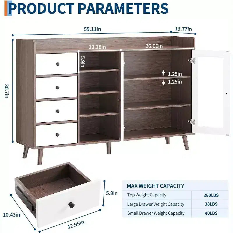 Acekool 55 Madia da Cucina, Credenza Sottolavello in Noce con Cassetto, Ante in Vetro e Ripiani Regolabili, Mobile Bar per Sala da Pranzo