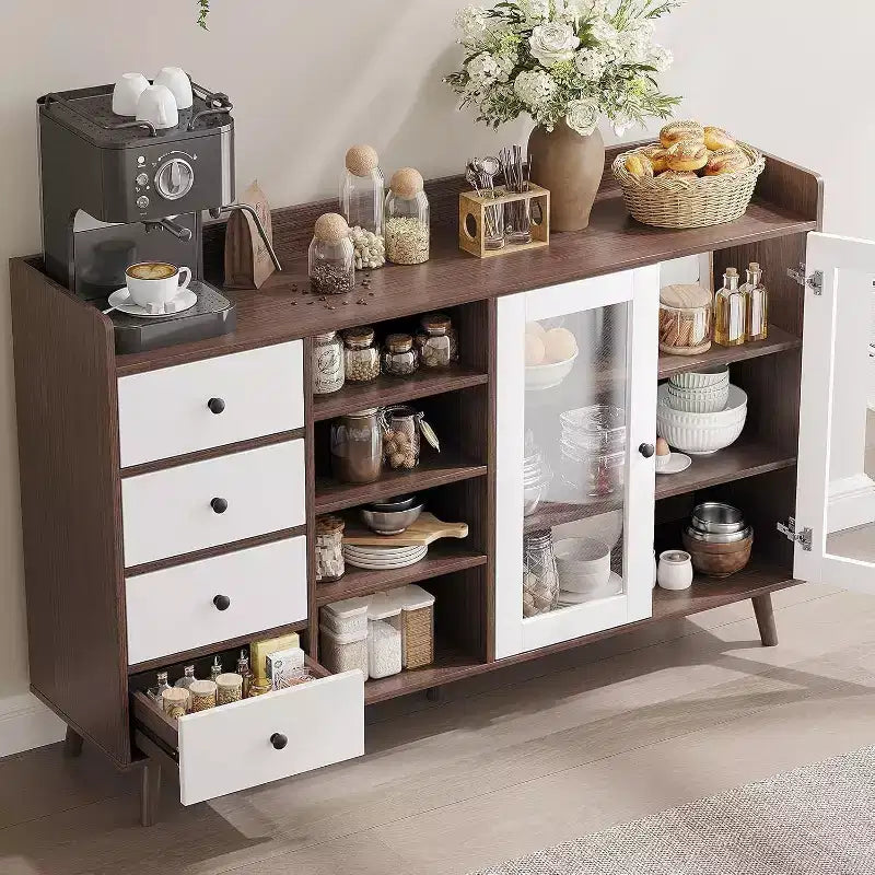 Acekool 55 Madia da Cucina, Credenza Sottolavello in Noce con Cassetto, Ante in Vetro e Ripiani Regolabili, Mobile Bar per Sala da Pranzo