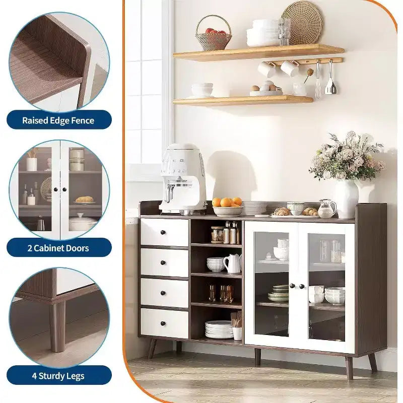 Acekool 55 Madia da Cucina, Credenza Sottolavello in Noce con Cassetto, Ante in Vetro e Ripiani Regolabili, Mobile Bar per Sala da Pranzo