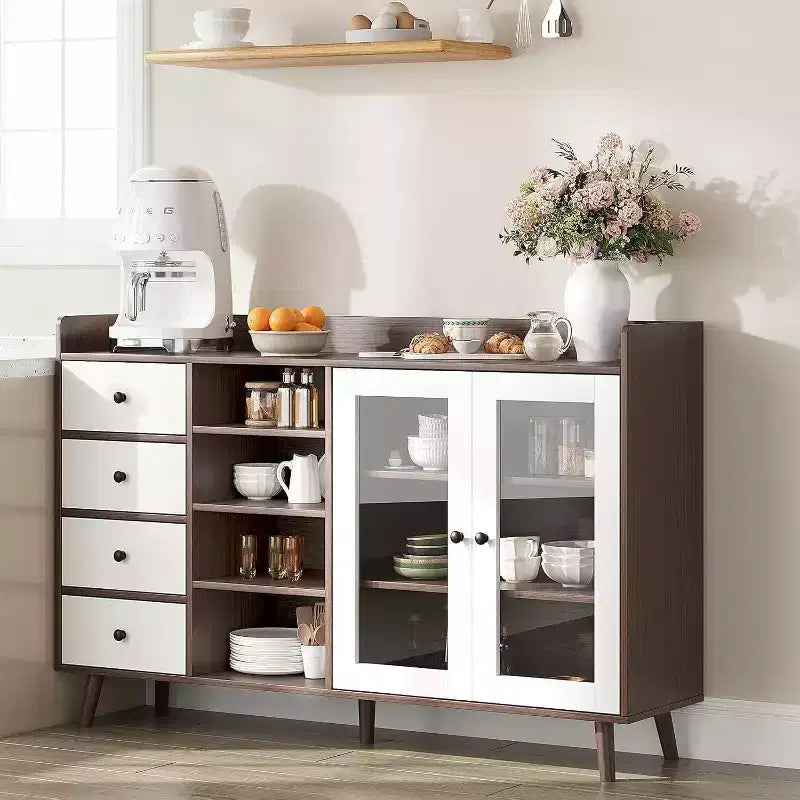 Acekool 55 Madia da Cucina, Credenza Sottolavello in Noce con Cassetto, Ante in Vetro e Ripiani Regolabili, Mobile Bar per Sala da Pranzo