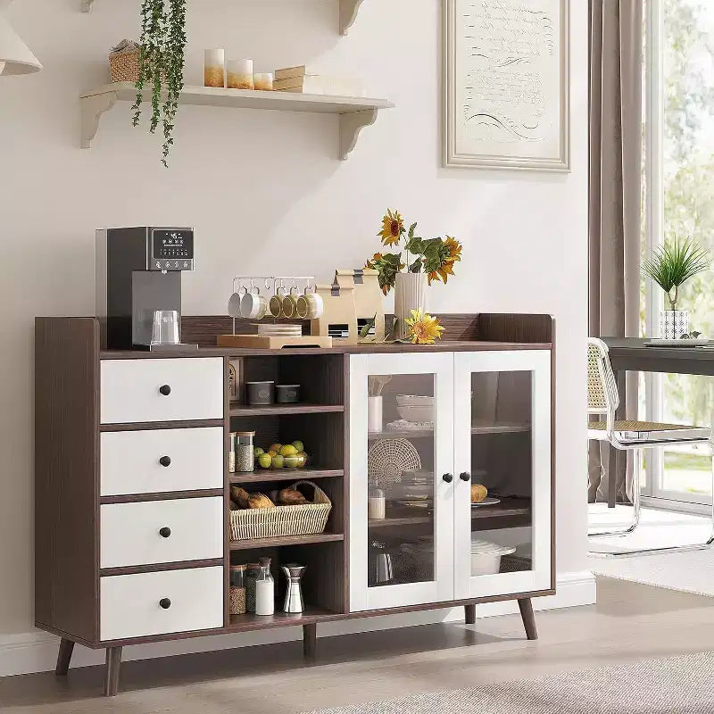 Acekool 55 Madia da Cucina, Credenza Sottolavello in Noce con Cassetto, Ante in Vetro e Ripiani Regolabili, Mobile Bar per Sala da Pranzo