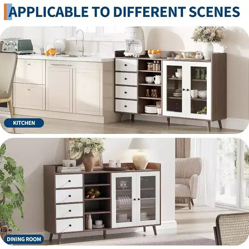 Acekool 55 Madia da Cucina, Credenza Sottolavello in Noce con Cassetto, Ante in Vetro e Ripiani Regolabili, Mobile Bar per Sala da Pranzo