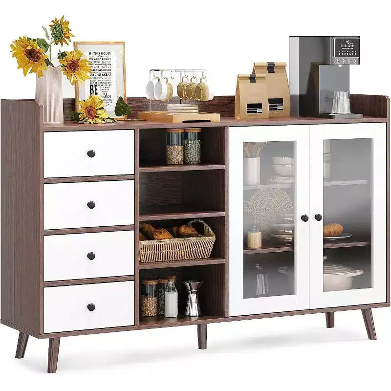 Acekool 55 Madia da Cucina, Credenza Sottolavello in Noce con Cassetto, Ante in Vetro e Ripiani Regolabili, Mobile Bar per Sala da Pranzo