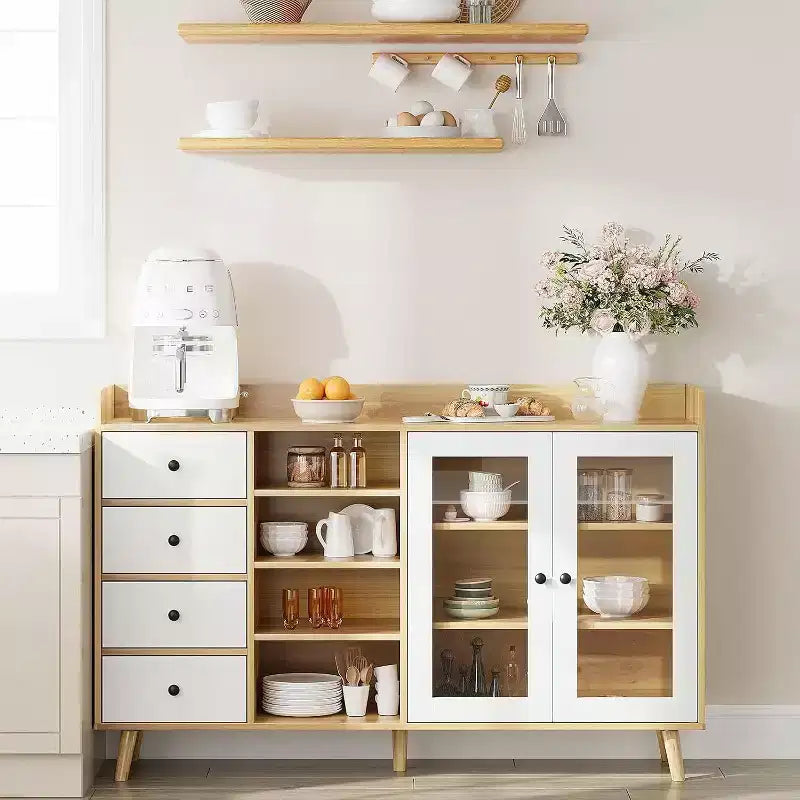 Acekool 55 Madia da Cucina, Credenza Sottolavello in Noce con Cassetto, Ante in Vetro e Ripiani Regolabili, Mobile Bar per Sala da Pranzo