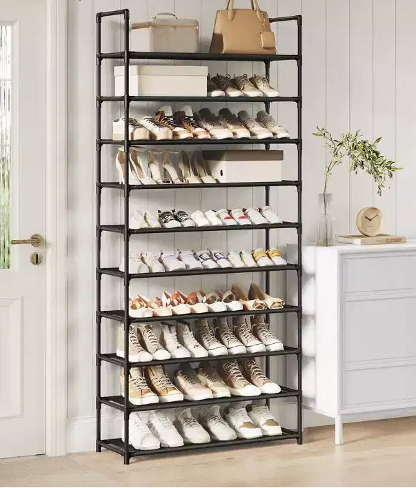 Scarpiera a 10 livelli, scaffale in metallo alto 173 cm con ripiani in tessuto non tessuto, organizer modulare per ingresso e camera da letto, nero