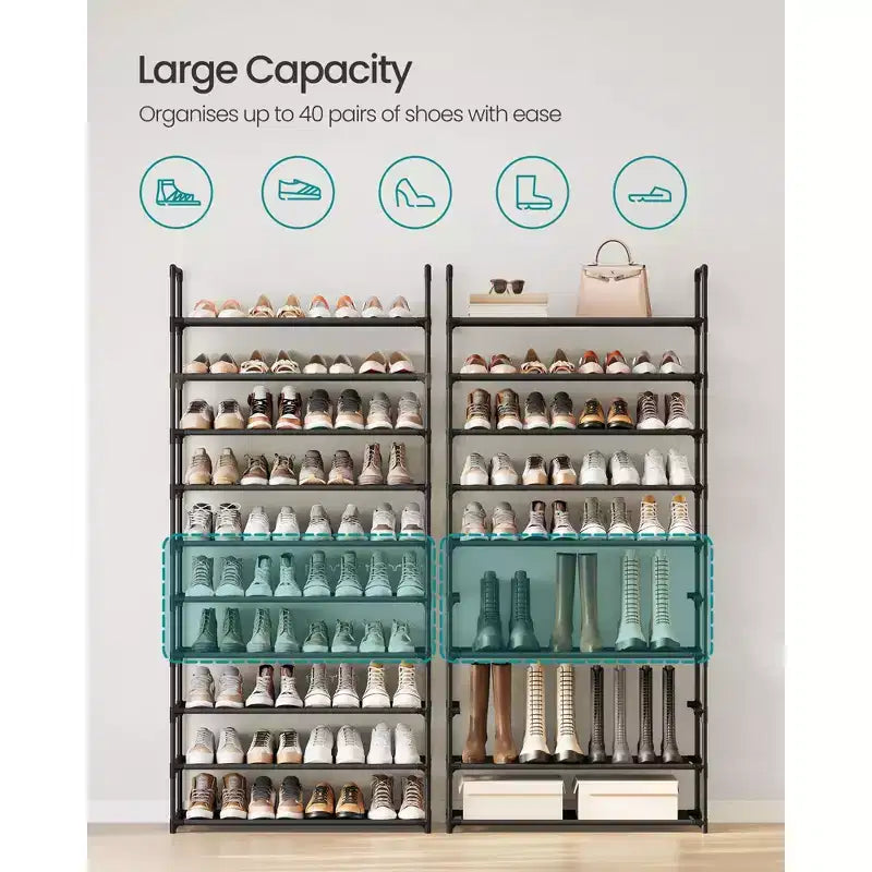 Scarpiera a 10 livelli, scaffale in metallo alto 173 cm con ripiani in tessuto non tessuto, organizer modulare per ingresso e camera da letto, nero