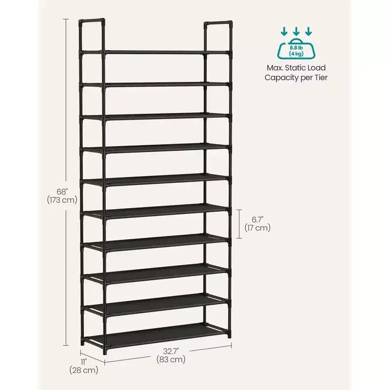 Scarpiera a 10 livelli, scaffale in metallo alto 173 cm con ripiani in tessuto non tessuto, organizer modulare per ingresso e camera da letto, nero
