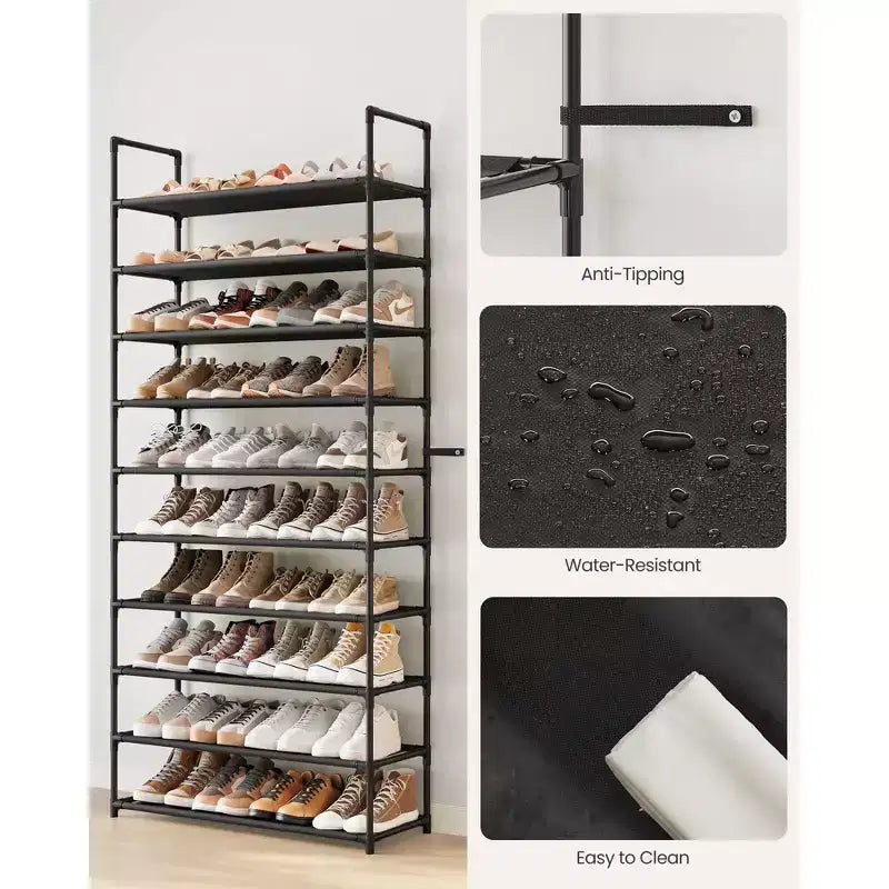 Scarpiera a 10 livelli, scaffale in metallo alto 173 cm con ripiani in tessuto non tessuto, organizer modulare per ingresso e camera da letto, nero