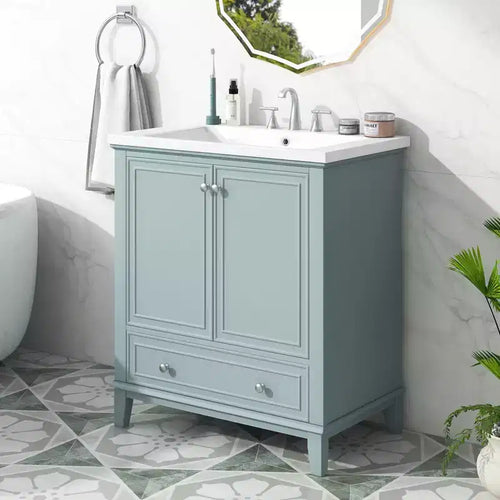 30 Single Sink Bathroom Vanity, Freestanding Bathroom Vanity with 1 Drawer & 2 Doors, Wood Bathroom Cabinet with Ceramic Basin Sink Top Green