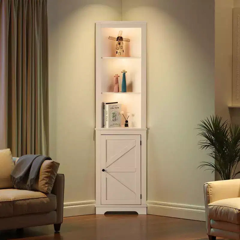 Display Cabinet White L-Shape 3-Shelf with 1 Door Double Z Modeling LED Lights