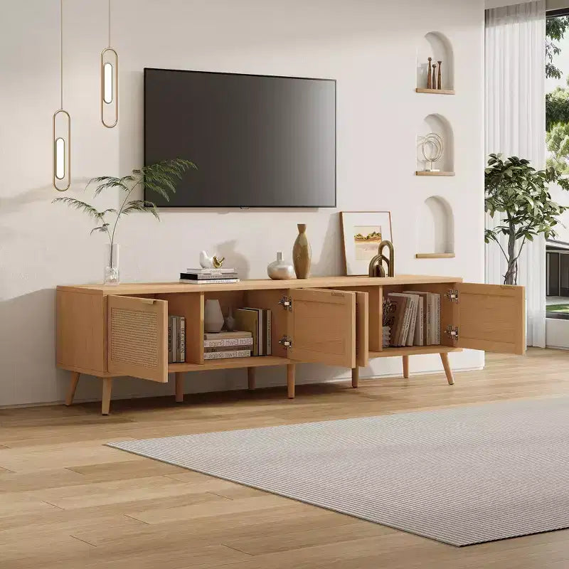 Mobile TV moderno da 70 pollici con ante in rattan per TV fino a 80 pollici, consolle multimediale con vano portaoggetti e fori per cavi per il soggiorno