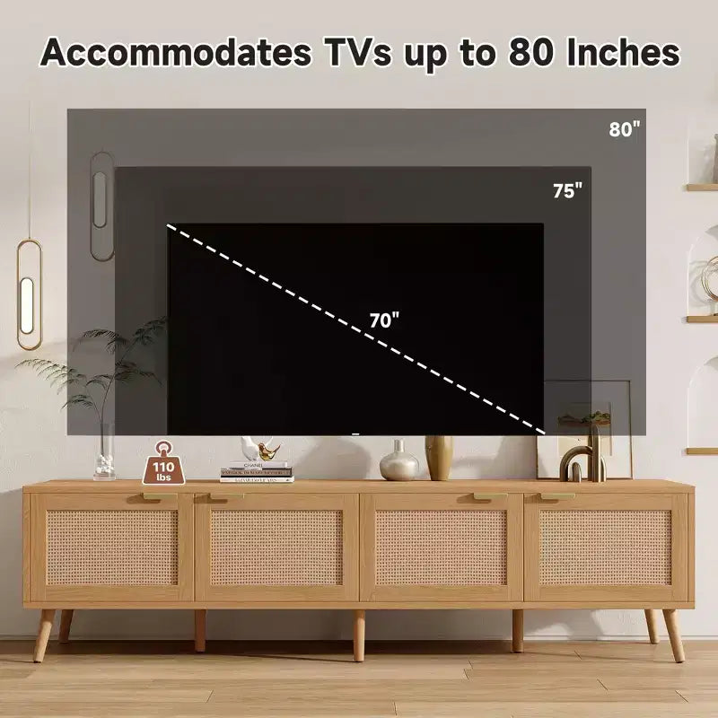 Mobile TV moderno da 70 pollici con ante in rattan per TV fino a 80 pollici, consolle multimediale con vano portaoggetti e fori per cavi per il soggiorno