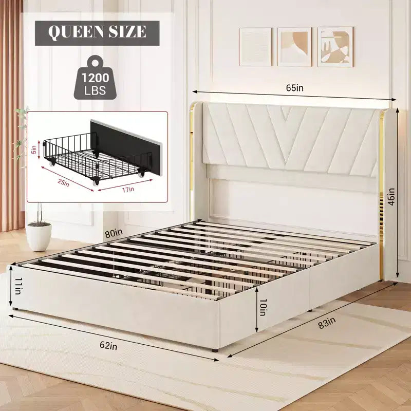 Letto imbottito con luci LED RGB, testiera ad alette, profili in metallo dorato e 4 cassetti contenitore