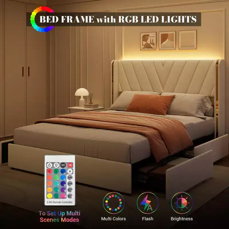 Letto imbottito con luci LED RGB, testiera ad alette, profili in metallo dorato e 4 cassetti contenitore