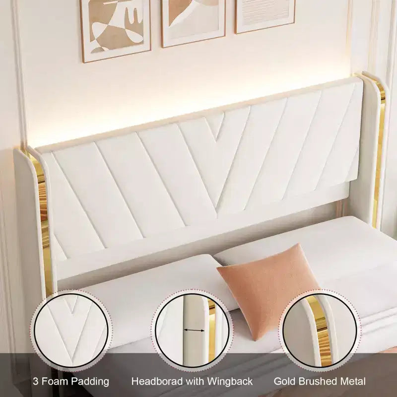 Letto imbottito con luci LED RGB, testiera ad alette, profili in metallo dorato e 4 cassetti contenitore