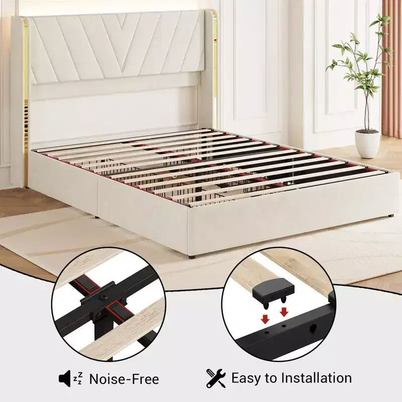 Letto imbottito con luci LED RGB, testiera ad alette, profili in metallo dorato e 4 cassetti contenitore