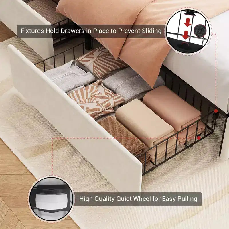 Letto imbottito con luci LED RGB, testiera ad alette, profili in metallo dorato e 4 cassetti contenitore