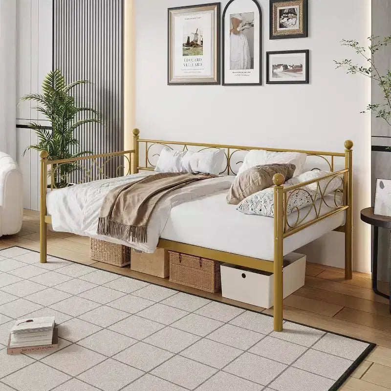 Twin Gold Metal Daybed Frame with Heavy Duty Slats, Convertible Sofa Bed for Living Room and Bedroom, Space Saving Design