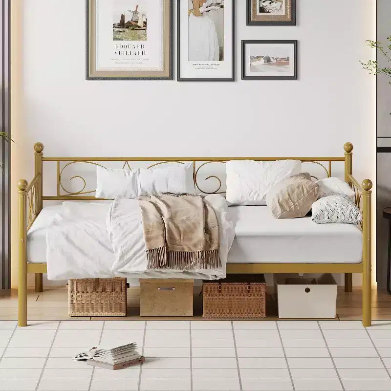 Struttura Divano Letto Singolo in Metallo Dorato con Doghe Robuste, Divano Letto Convertibile per Soggiorno e Camera da Letto, Design Salvaspazio