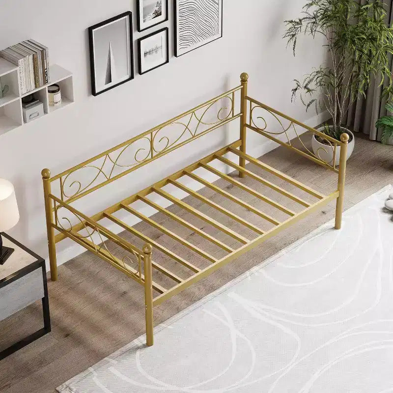 Struttura Divano Letto Singolo in Metallo Dorato con Doghe Robuste, Divano Letto Convertibile per Soggiorno e Camera da Letto, Design Salvaspazio