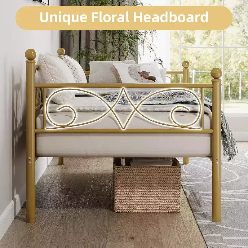 Struttura Divano Letto Singolo in Metallo Dorato con Doghe Robuste, Divano Letto Convertibile per Soggiorno e Camera da Letto, Design Salvaspazio