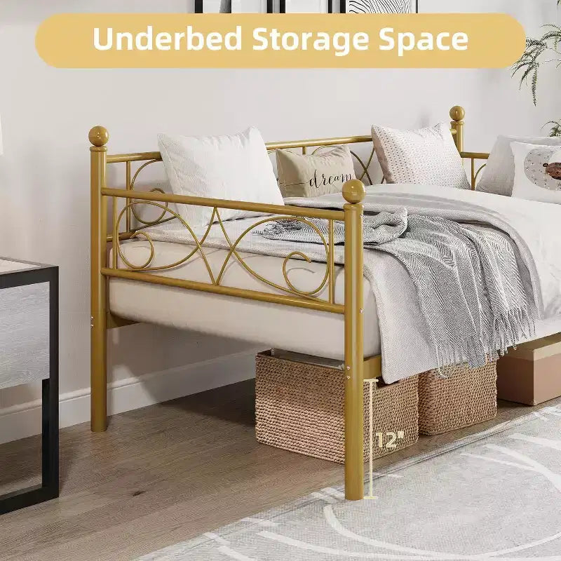 Struttura Divano Letto Singolo in Metallo Dorato con Doghe Robuste, Divano Letto Convertibile per Soggiorno e Camera da Letto, Design Salvaspazio