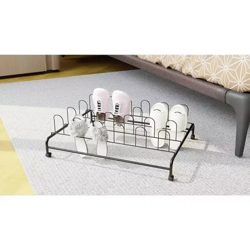 J&V TEXTILES Under Bed Shoes Storage, Rolling Under-bed Shoe Rack Storage with Wheels, Under Bed Shoe Organizer with Metal Frame