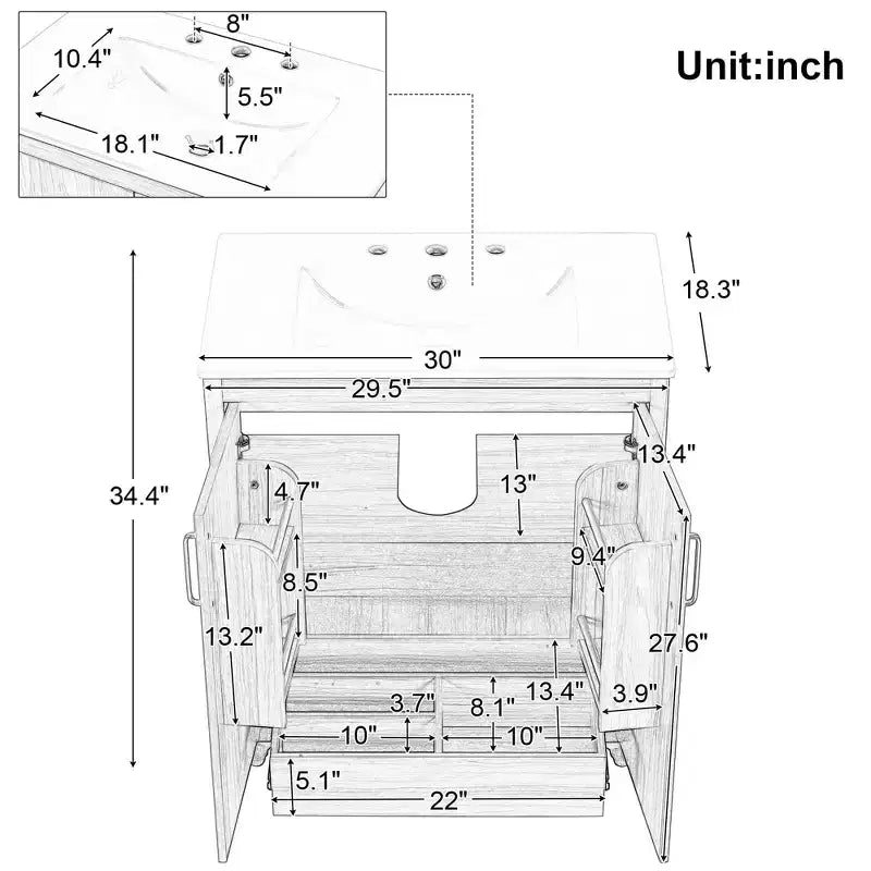 Set Mobile Lavabo da Bagno con Lavello in Ceramica, Mobiletto da Bagno Indipendente a Bacino Singolo con Ripiani e Cassetto, Organizer Naturale