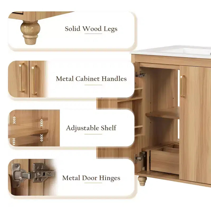 Set Mobile Lavabo da Bagno con Lavello in Ceramica, Mobiletto da Bagno Indipendente a Bacino Singolo con Ripiani e Cassetto, Organizer Naturale
