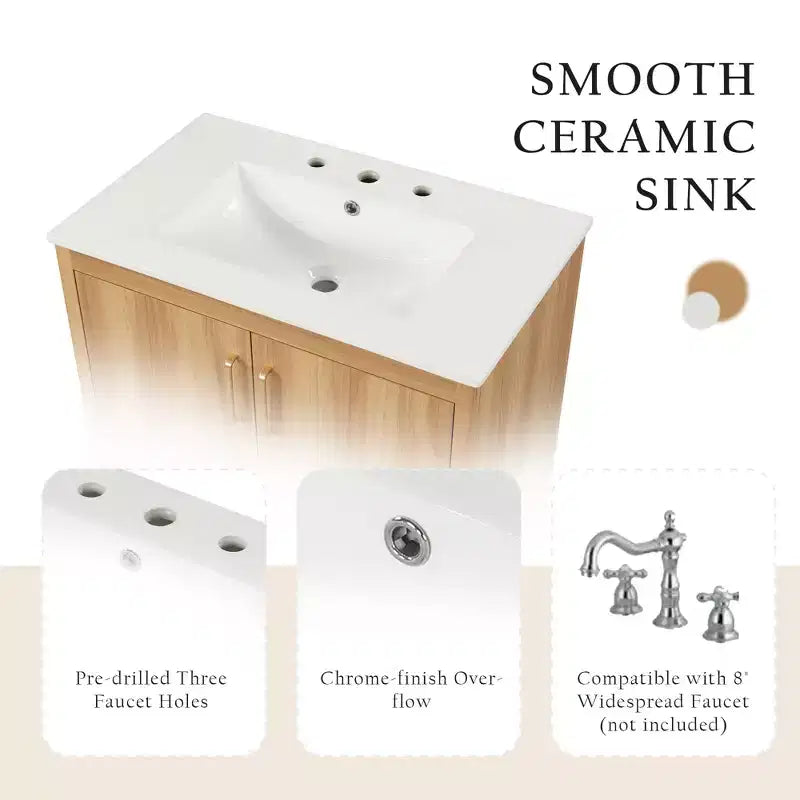 Set Mobile Lavabo da Bagno con Lavello in Ceramica, Mobiletto da Bagno Indipendente a Bacino Singolo con Ripiani e Cassetto, Organizer Naturale