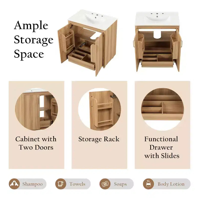 Set Mobile Lavabo da Bagno con Lavello in Ceramica, Mobiletto da Bagno Indipendente a Bacino Singolo con Ripiani e Cassetto, Organizer Naturale