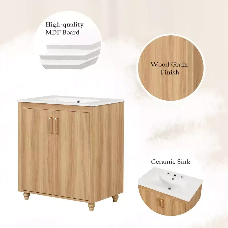 Set Mobile Lavabo da Bagno con Lavello in Ceramica, Mobiletto da Bagno Indipendente a Bacino Singolo con Ripiani e Cassetto, Organizer Naturale