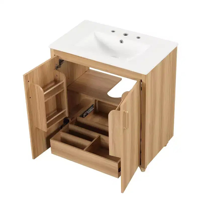Set Mobile Lavabo da Bagno con Lavello in Ceramica, Mobiletto da Bagno Indipendente a Bacino Singolo con Ripiani e Cassetto, Organizer Naturale