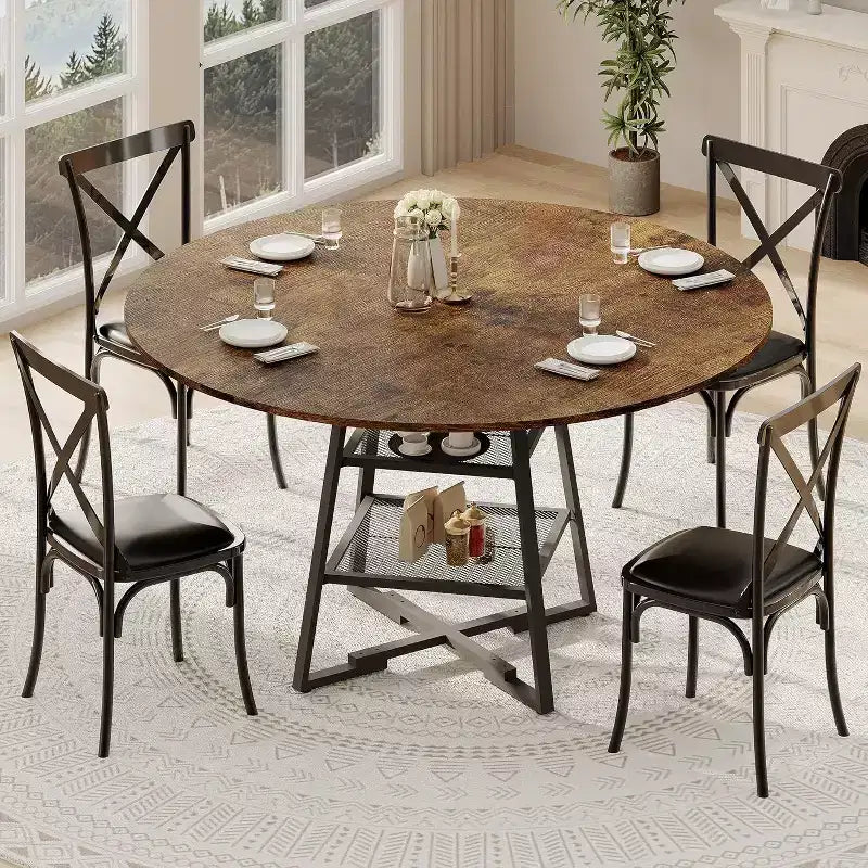 Tavolo da Pranzo Rotondo Acekool da 47 Pollici con Ripiano Portaoggetti, Tavolo da Cucina con Base in Metallo per 4-6 Persone