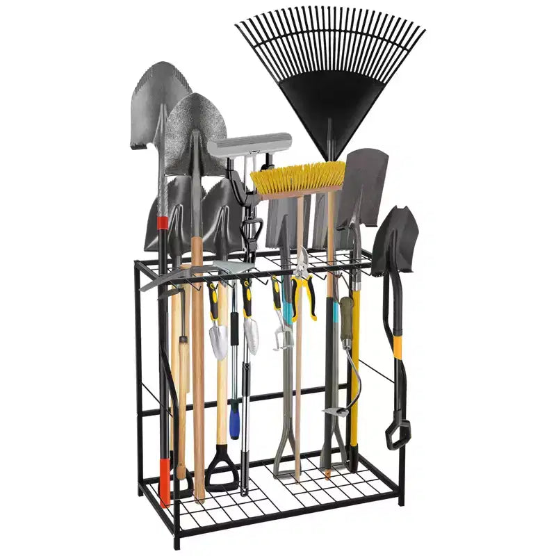 Garden Tool Organizer, Yard Tool Tower Rack for Garage Organization, Up to 43 Long-Handled Tools, Metal Garden Tool Stand with 14 Hooks for Yard Shed