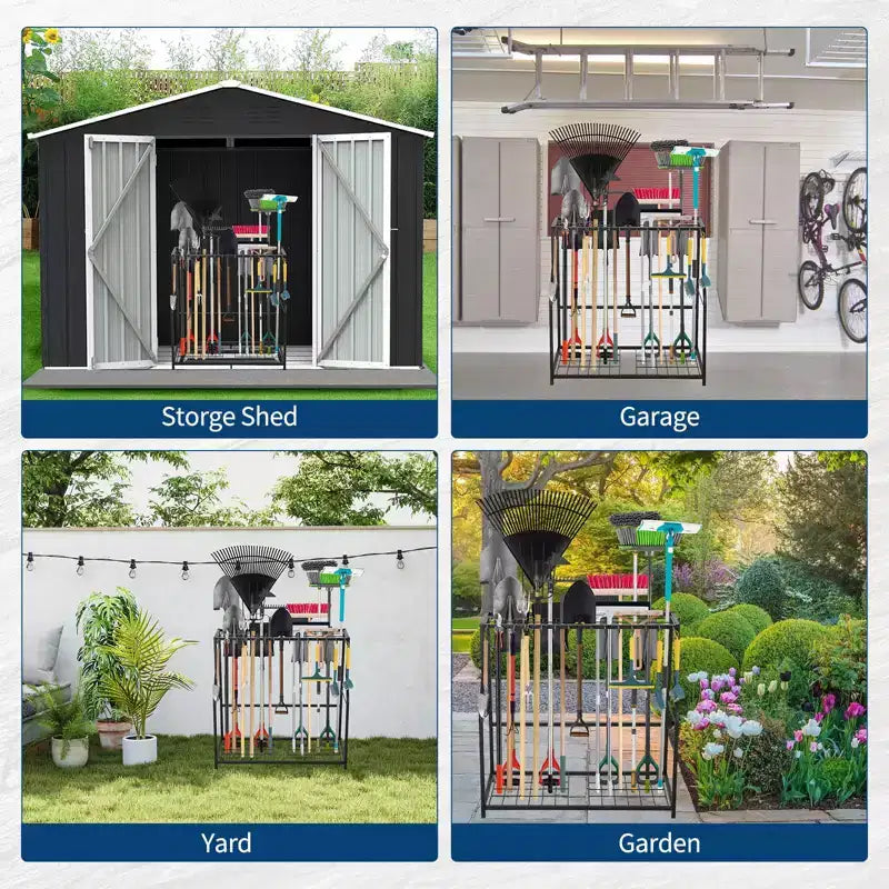Organizzatore di attrezzi da giardino, portattrezzi da esterno a torre per l'organizzazione del garage, fino a 43 attrezzi a manico lungo, supporto metallico per attrezzi da giardino con 14 ganci per casetta da giardino