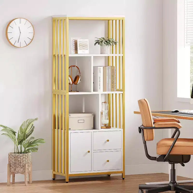 Libreria dorata da 62" con 3 cassetti e anta, libreria dorata e bianca a 4 ripiani con struttura in metallo, mobiletto espositivo a pavimento per ufficio e soggiorno