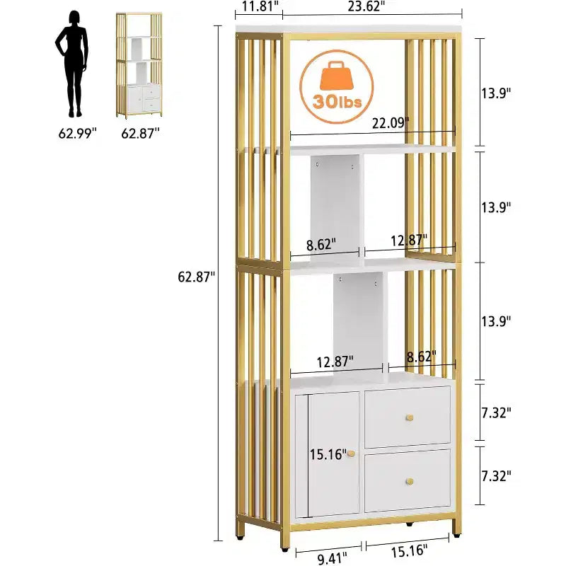 Libreria dorata da 62" con 3 cassetti e anta, libreria dorata e bianca a 4 ripiani con struttura in metallo, mobiletto espositivo a pavimento per ufficio e soggiorno
