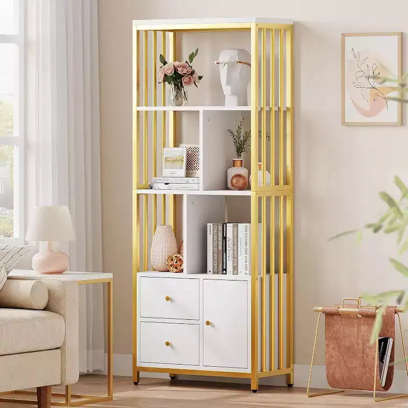 Libreria dorata da 62" con 3 cassetti e anta, libreria dorata e bianca a 4 ripiani con struttura in metallo, mobiletto espositivo a pavimento per ufficio e soggiorno