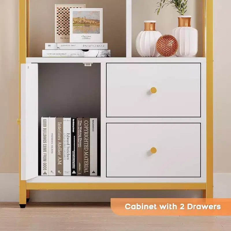 Libreria dorata da 62" con 3 cassetti e anta, libreria dorata e bianca a 4 ripiani con struttura in metallo, mobiletto espositivo a pavimento per ufficio e soggiorno