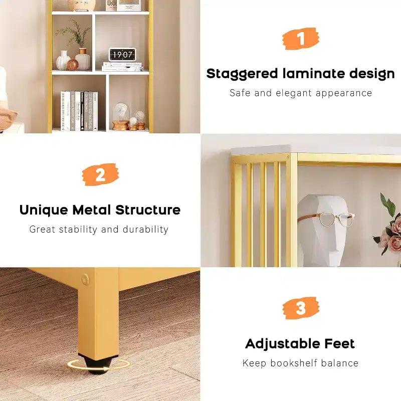 Libreria dorata da 62" con 3 cassetti e anta, libreria dorata e bianca a 4 ripiani con struttura in metallo, mobiletto espositivo a pavimento per ufficio e soggiorno
