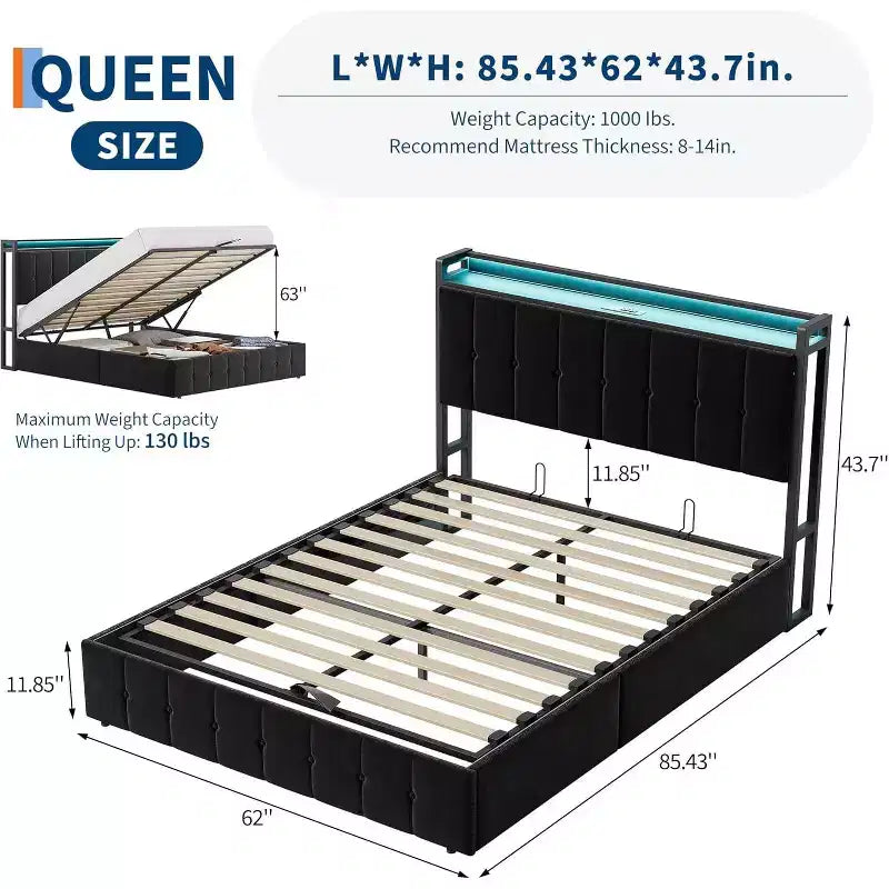 Hydraulic Storage Bed Frame with Upholstered Velvet Headboard, LED Lighting, Charging Station, and Wooden Slats