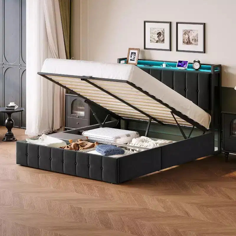 Telaio Letto Contenitore Idraulico con Testiera Imbottita in Velluto, Illuminazione a LED e Stazione di Ricarica